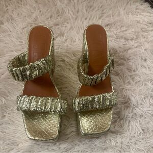 STAUD Frankie Ruched Sandals in Snake Platino Gold size 37